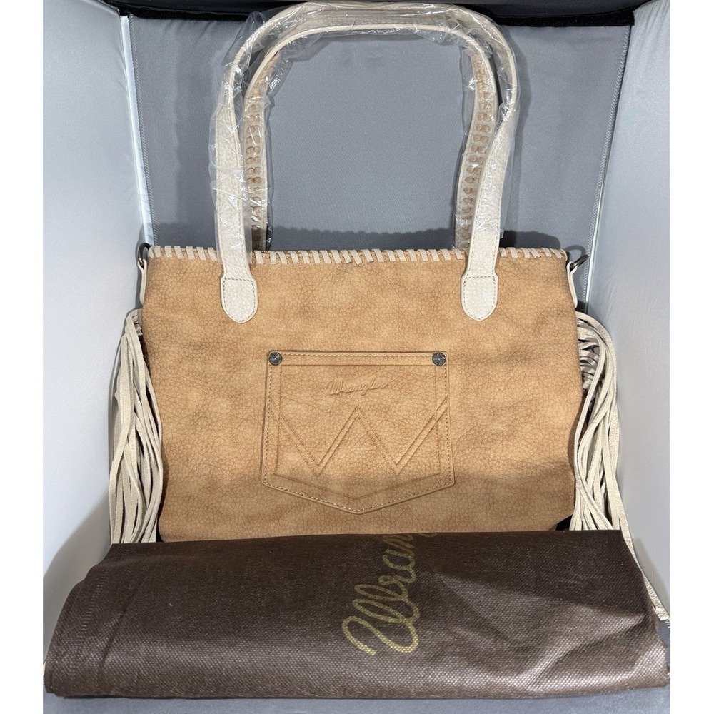 Wrangler Boho Tan Leather Fringe Tote Shoulder Bag Purse Western Festival